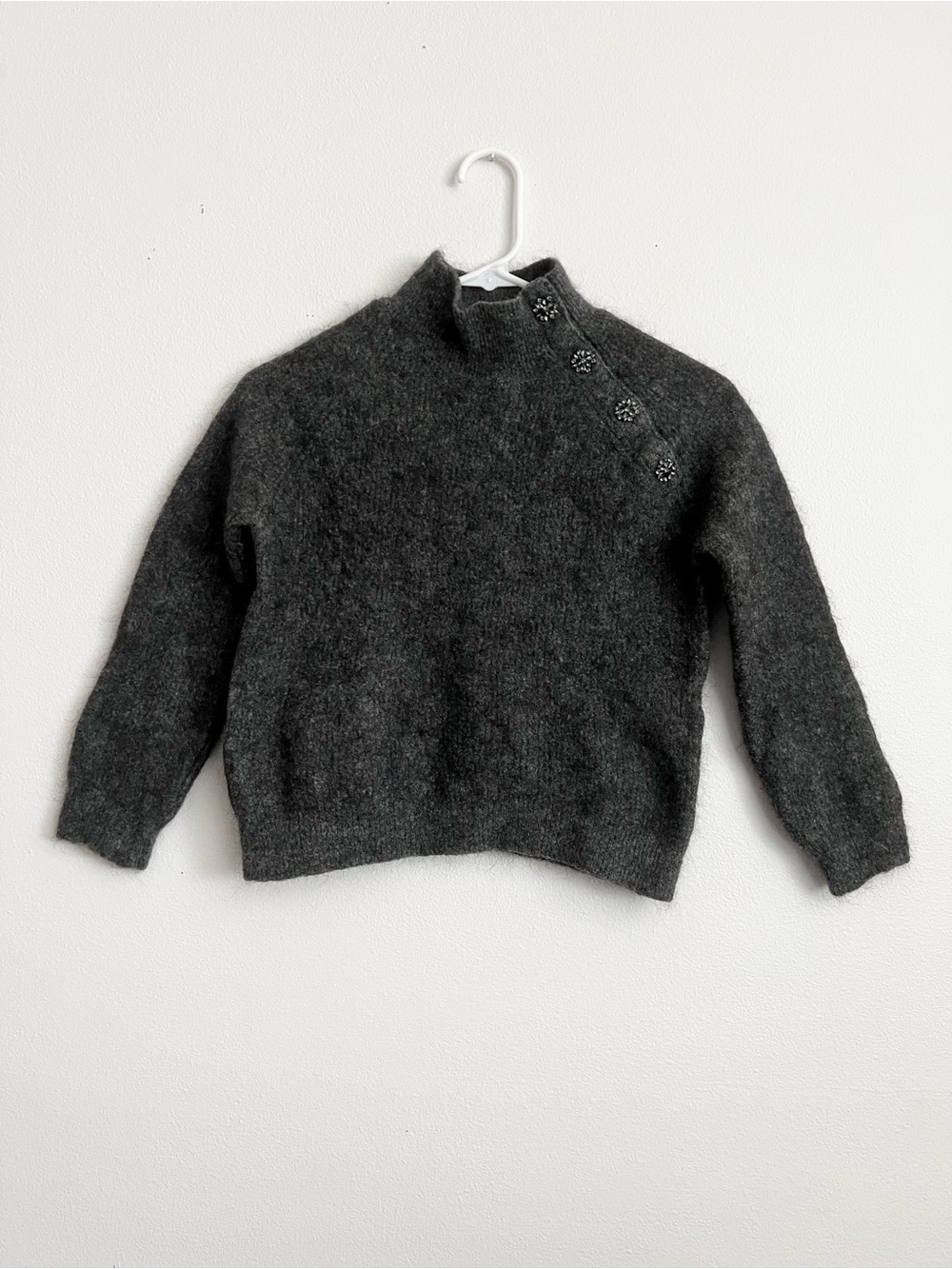 Sezane Trudy Mohair Lambswool Blend Mock Neck Sweater Jewel Buttons Quiet Luxury